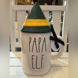 Rae Dunn Papa Elf Mug with Green and Yellow Lid